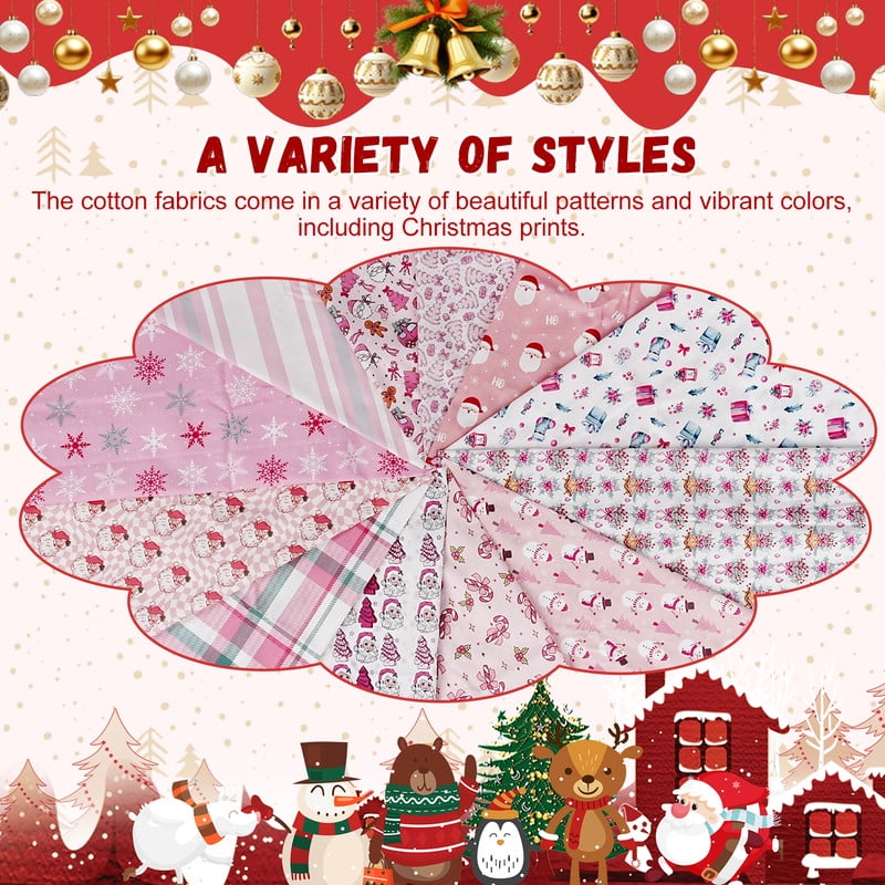 12pcs Christmas Pink Cotton Fabric Bundles 18x22 Inch Xmas Tree Santa Snowman Sewing Fabrics
