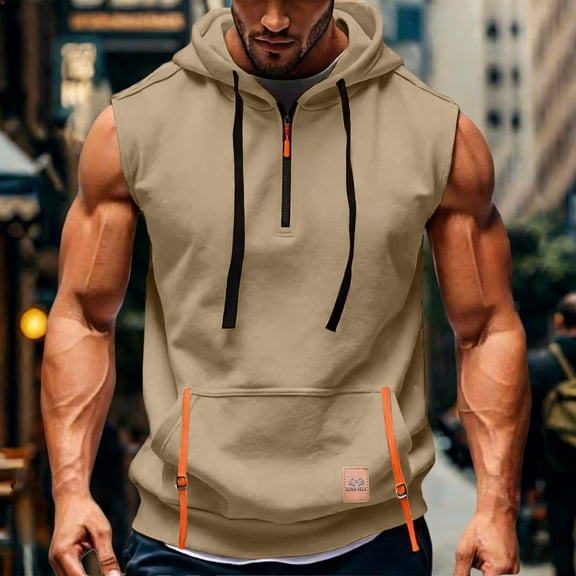 Sleeveless Hoodies for Men with Zipper and Pocket Pullover Tank Tops Mens Casual Solid Color Breathable Streetwear Athletic Workout Vests
