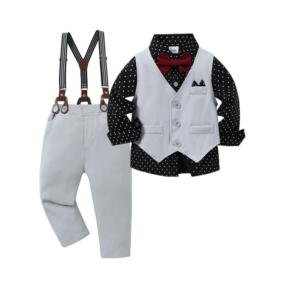 CARETOO Toddler Boy Clothes Suit Formal Dress Shirt Bowtie Vest Suspender Pants Gentleman Outfits
