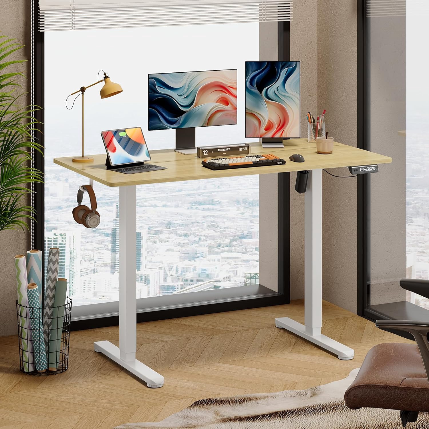 MorandiMal 48 Inch Electric Standing Desk, 3 Adjustable Height Stand up Desk for Home Office, Ergonomic Sit to Stand Desk with LED Touchscreen, Headphone Hook, 3 Memory Preset Computer Desk (Maple)