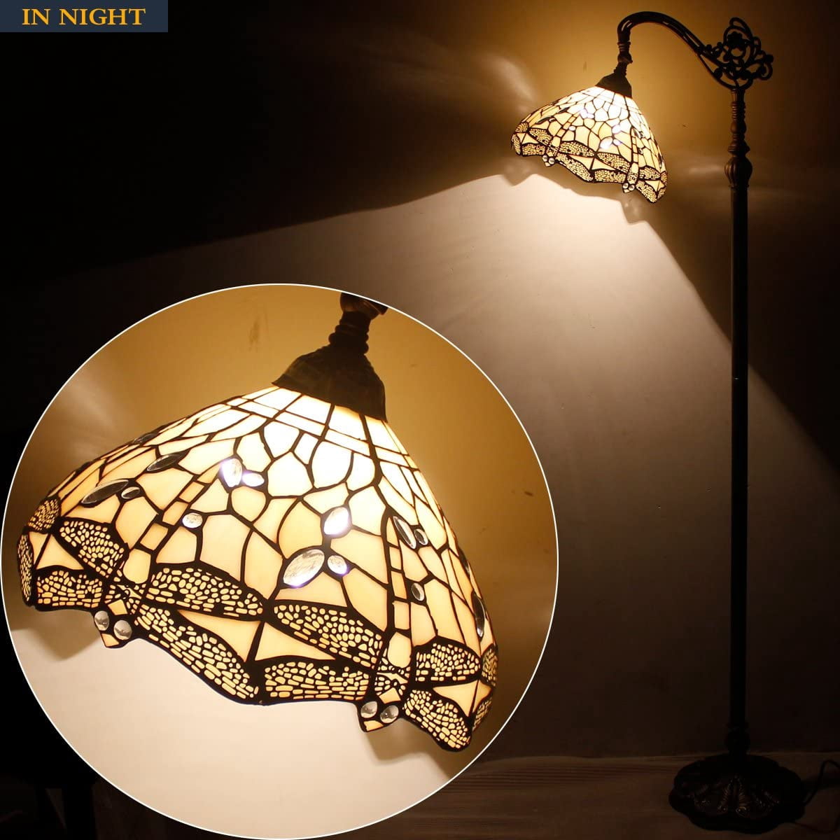 Tiffany Style Reading Floor Lamp Lighting W12H64 Inch 1E26 Cream Stained Glass Crystal Dragonfly Shade Antique Arched Resin Base Foot Switch Easy Assemble S139 LAMPS Lover Home Decoration