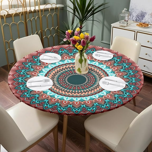 Tcwhniev Round Tablecloth with Elastic Edge, 40inch Waterproof Round Fitted Vinyl Tablecloth, Waterproof Wipeable TableCover for Indoor Outdoor