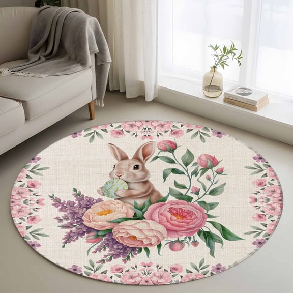 Round Area Rug 3 Ft, Easter Bunny Roses Washable Non-Slip Circle Carpet for Living Room/Bedroom, Pink Floral Spring Linen Low-Profile Small Floor Mats Collection Rugs for Indoor