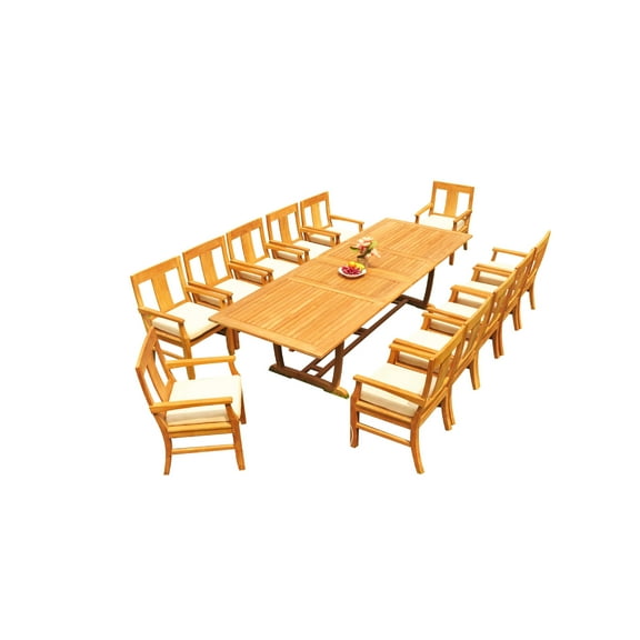 Grade-A Teak Dining Set: 12 Seater 13 Pc: 118" Mas Rectangle Trestle Leg Table And 12 Osborne Arm Chairs Outdoor Patio WholesaleTeak #51OS1513