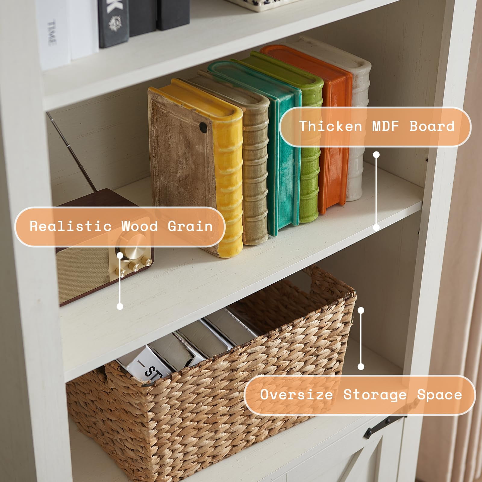5-Shelf Farmhouse Bookshelf with Doors, 70" Rustic Display Cabinet & Large Storage for Home Office, Living Room, Bedroom, Off-White