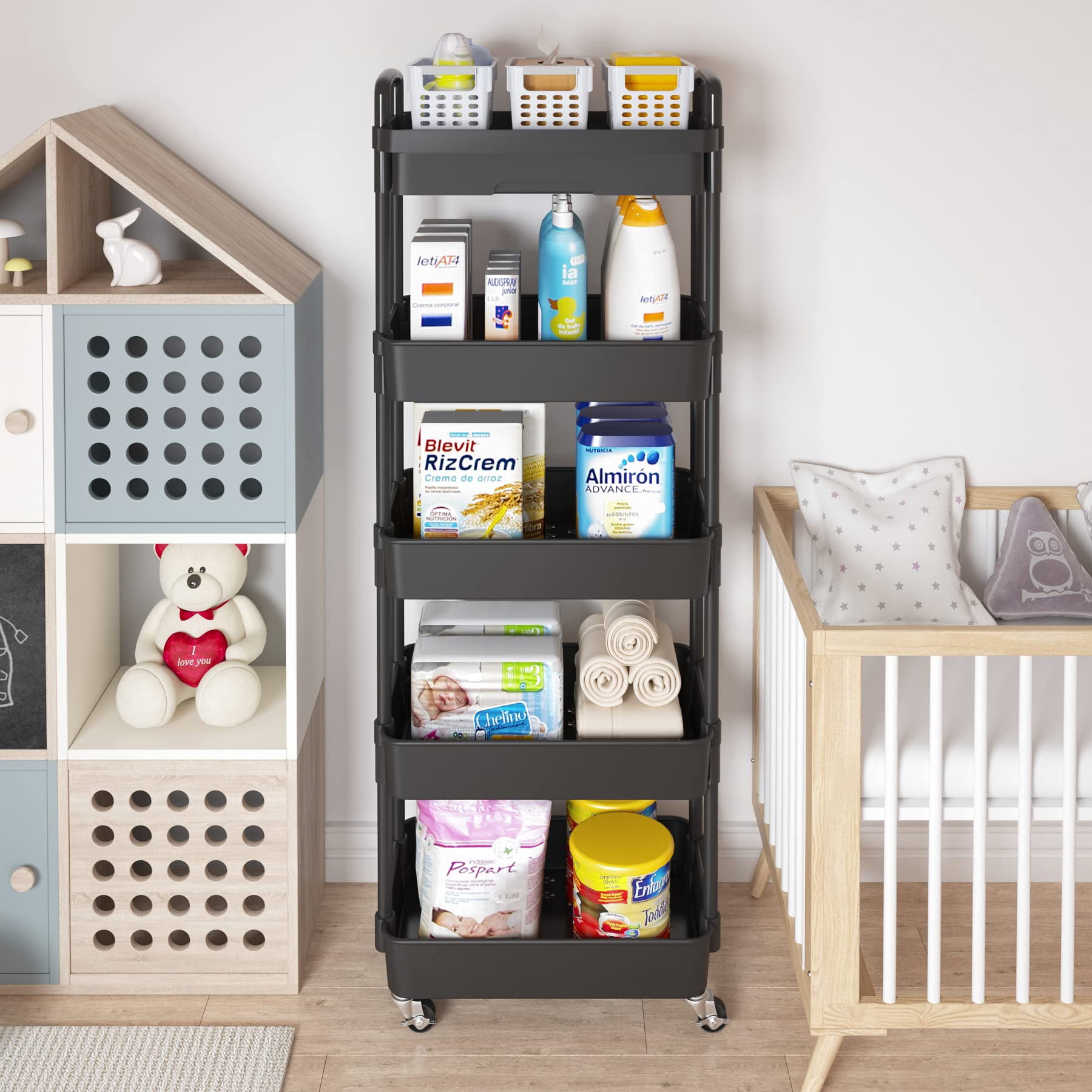4-Tier Rolling Utility Cart with Drawer Multifunctional Storage Organizer Plastic Shelf Metal Wheels Kitchen Bathroom Office Storage Cart Black