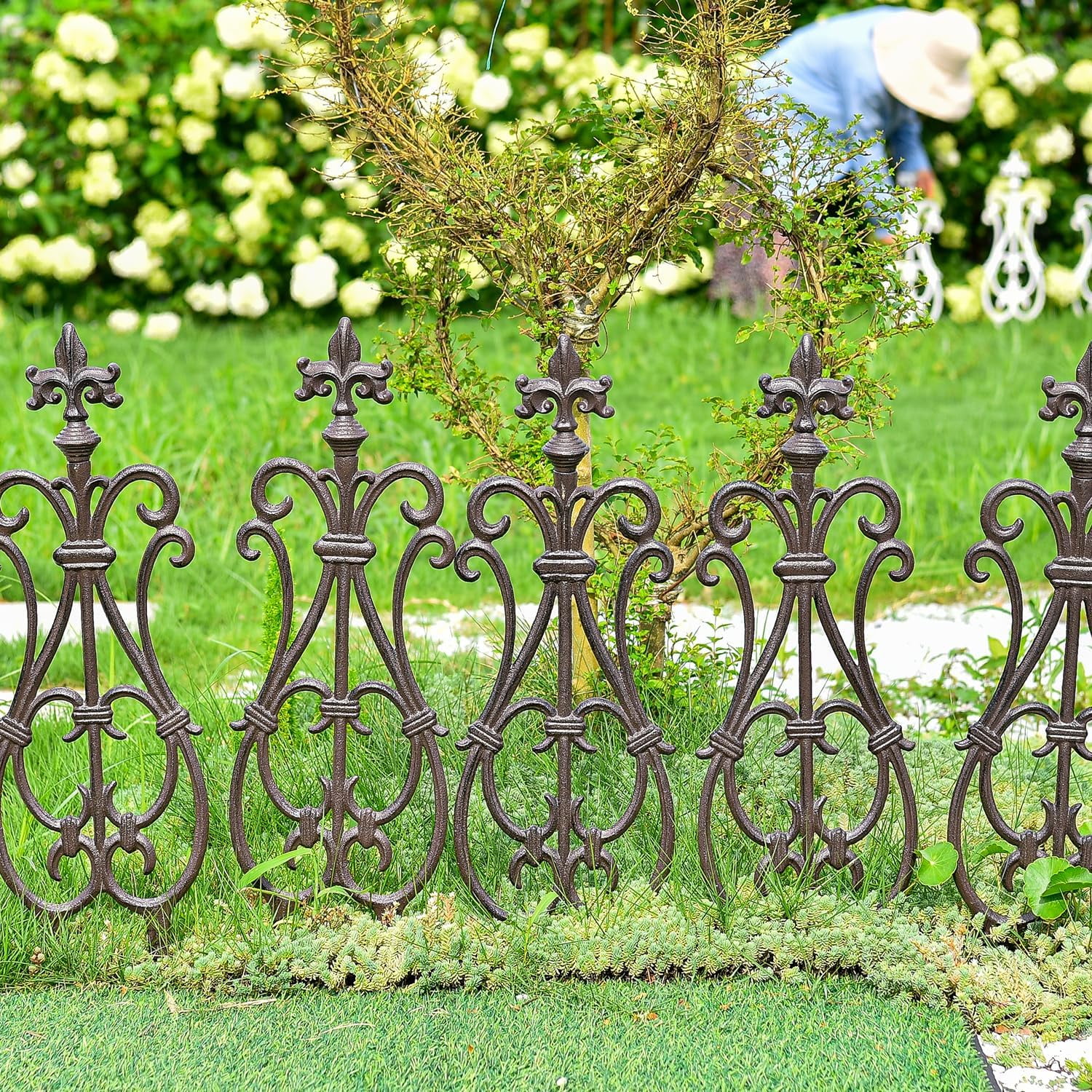 Sungmor Cast Iron Garden Edging Border, Flower Bed Landscape Picket Fence Panels, 28" x 7.6", 4 Count Brown