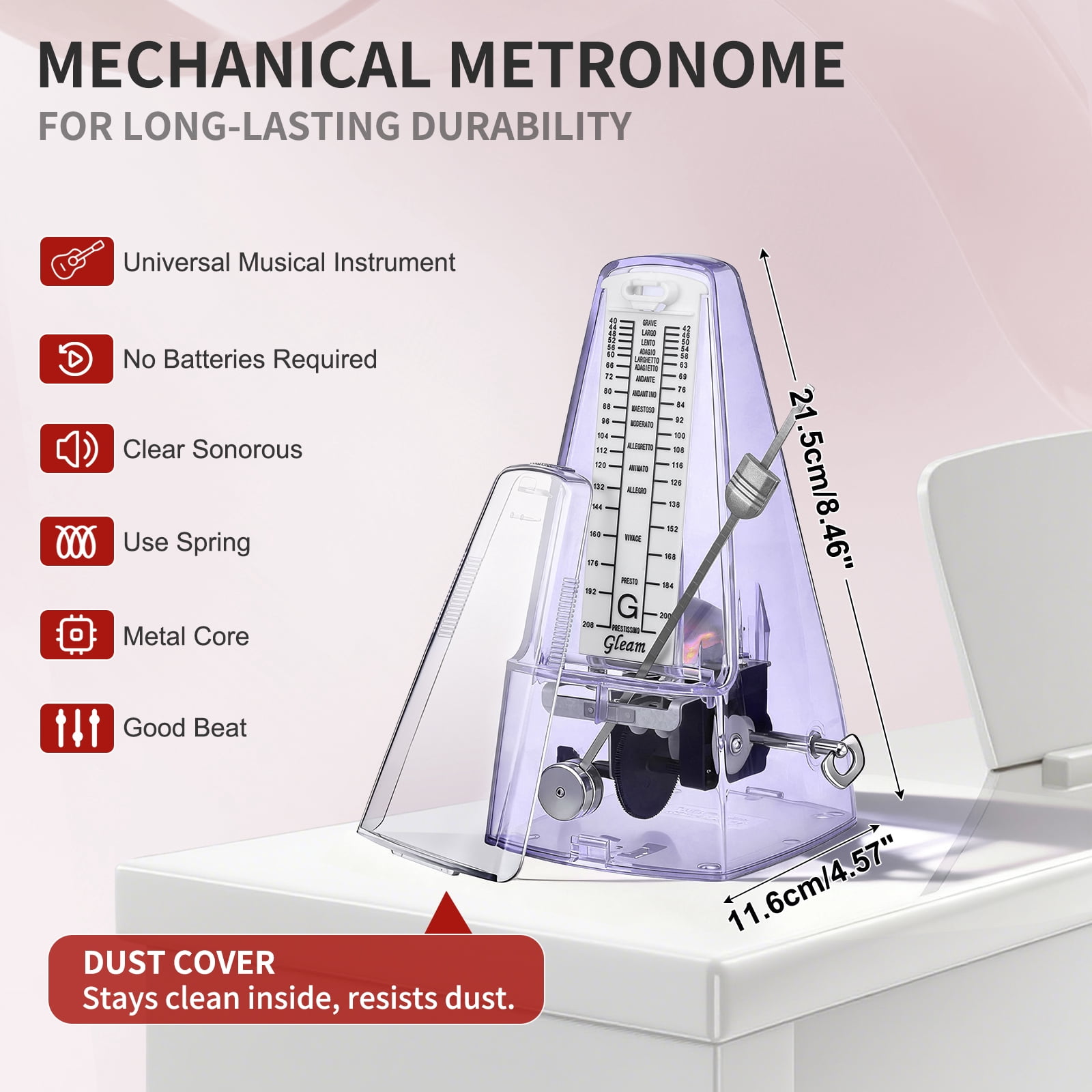 Uxcell Mechanical Metronome, Metronome for Piano, Guitar, & Other Instruments, Loud Sound and High Precision Track Beat for Beginners,Transparent Purple