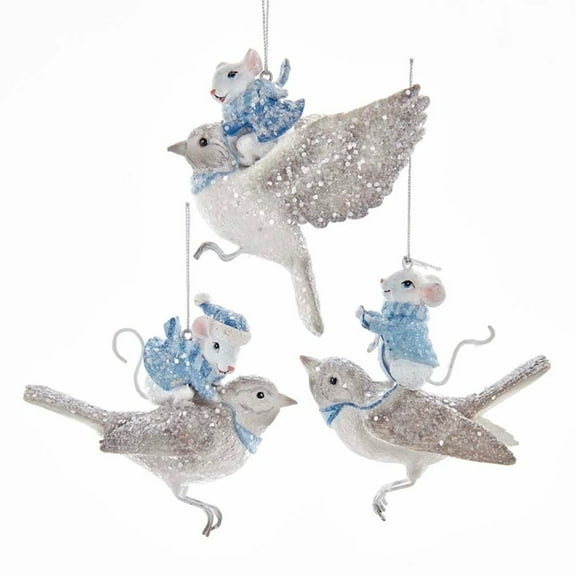 Kurt Adler 3.5" White and Blue Mouse on Bird Christmas Ornaments, 3-Piece Set
