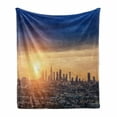thumbnail image 1 of City Soft Flannel Fleece Blanket, Sunrise at Los Angeles Urban Architecture Tranquil Scenery Majestic Sky, Cozy Plush for Indoor and Outdoor Use, 50" x 70", Navy Blue Apricot Ivory, by Ambesonne, 1 of 6
