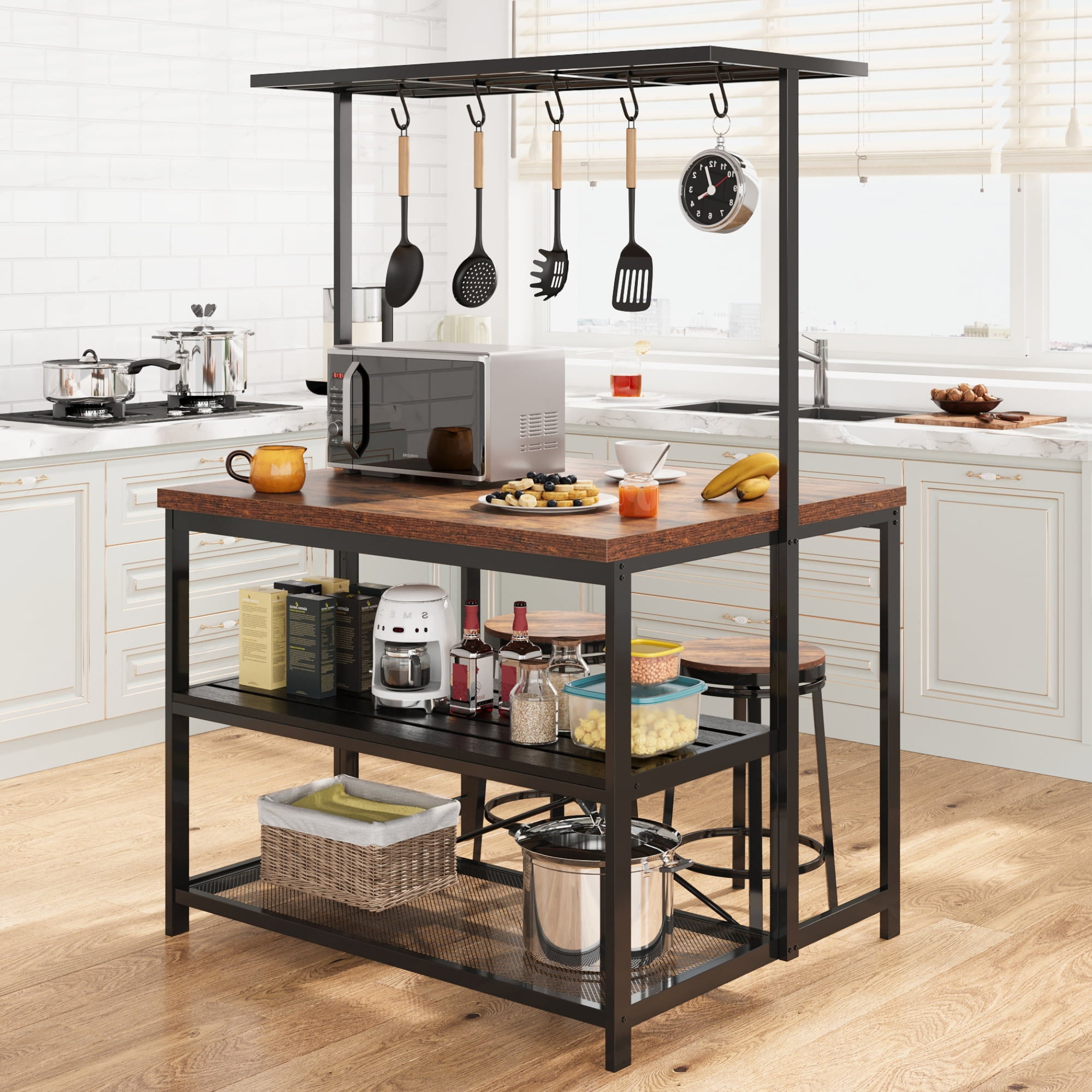 EastVita Kitchen Island Table with Storage Shelf & Power Outlet,3-Tier Bakers Rack,Microwave Stand,Oven Shelf,Metal Coffee Bar Table with Hooks