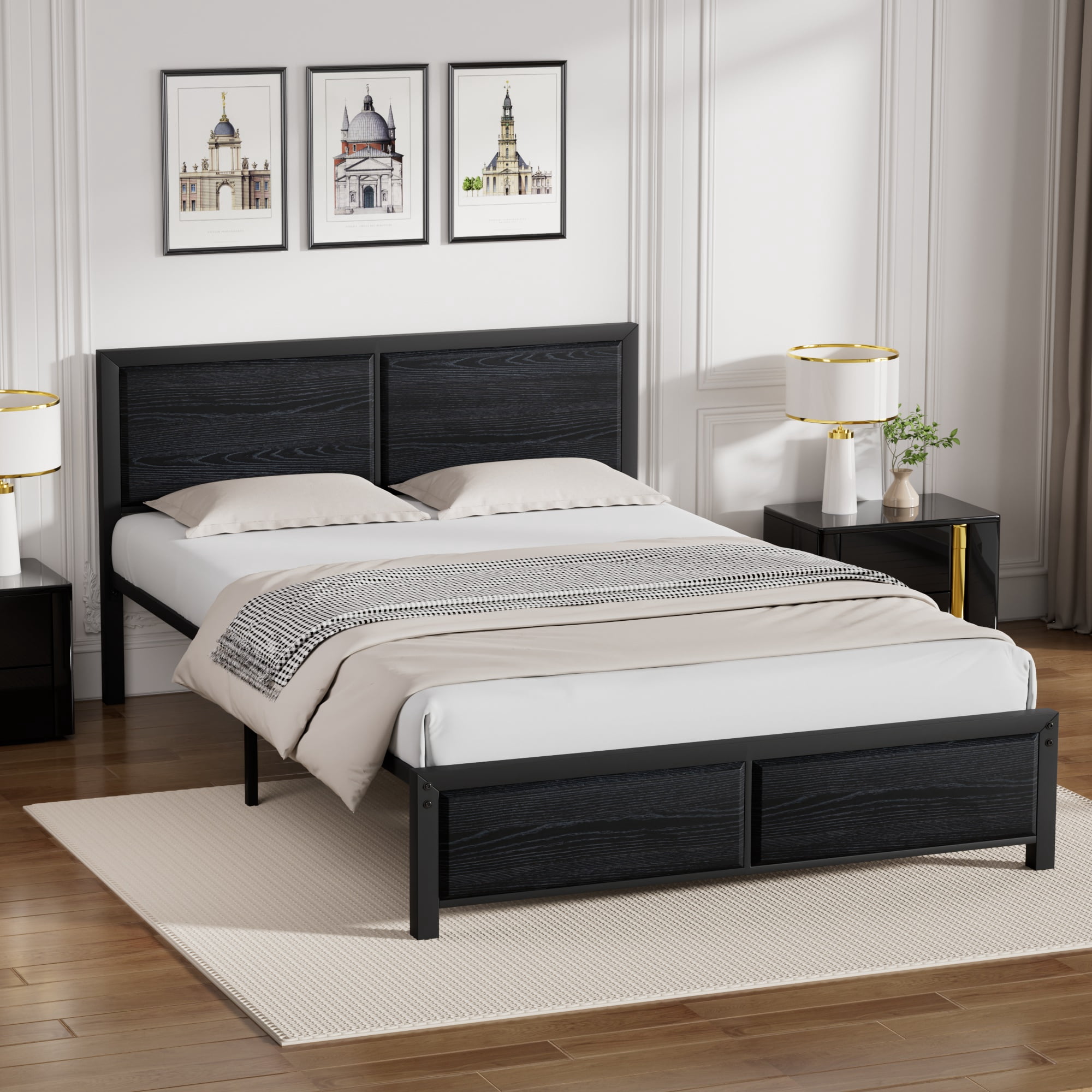 VECELO Queen Metal Bed Frame with Wooden Headboard and Footboard, Heavy Duty Slat Supprt, No Box Spring Needed, Easy Assembly, Black