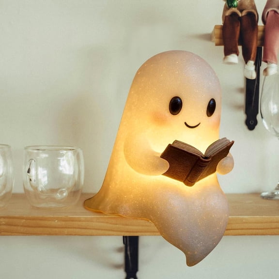 Cute Ghost Reading Book Lamp, Halloween Light Up Ghost Statue Night Light House Mantel Decor, Ghost Warm Lighted Indoor Figurine Lamps for Party Bedroom Shelf Table Centerpiece (S)