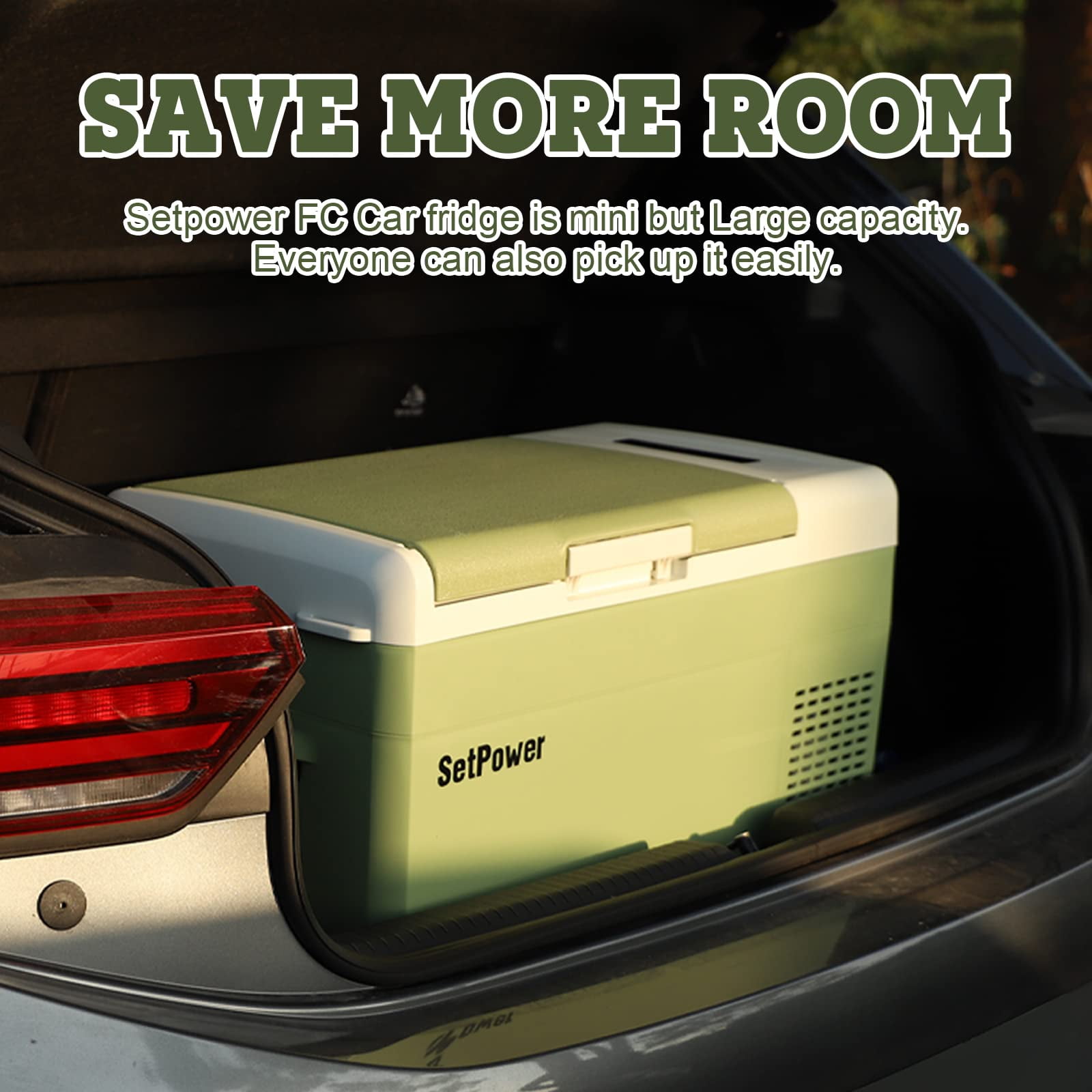 Setpower FC15 12V Portable Refrigerator with AC Adapter, 15.8 Quart Car Freezer Fridge for Camping, Fast Cooling, -4℉-68℉, 3-Year Warranty, Car, RV, Truck, Home and Outdoor Use, DC & AC, Green