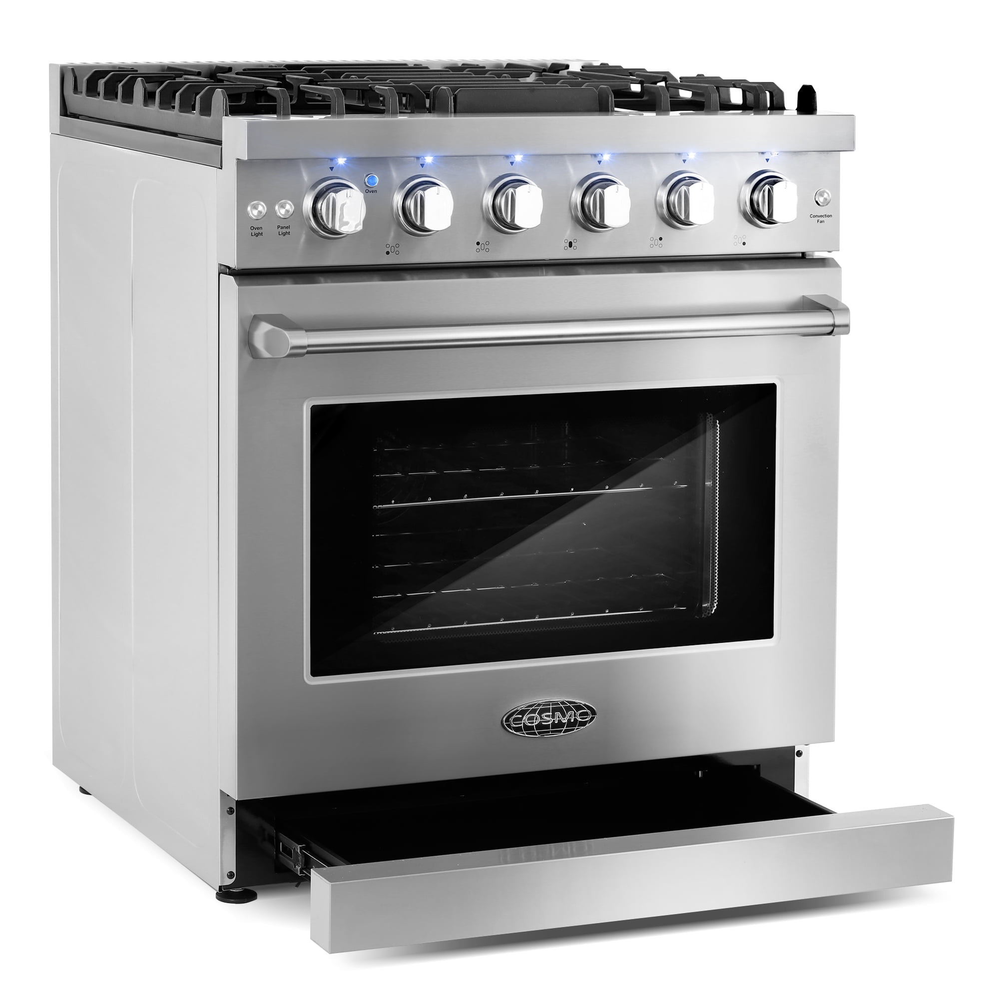 Cosmo 30 in. 4.5 cu. ft. Gas Range, 5 Sealed Burners, Convection Oven, Knob LED Lights, Stainless Steel, Matte Black Handle Knob Kit