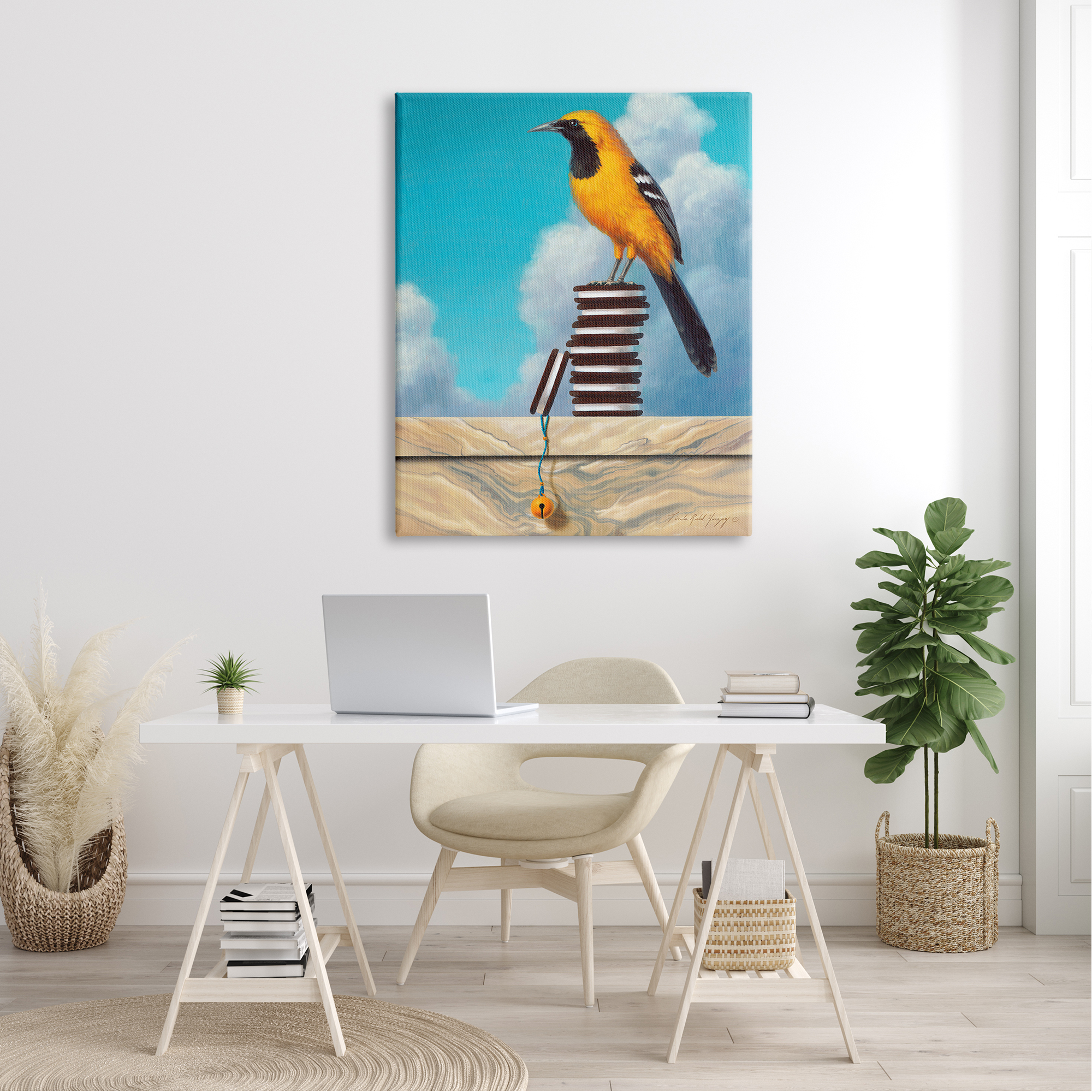 Stupell Industries Oriole Bird Sandwich Cookies Cloudy Sky Painting Canvas Wall Art, 36 x 48, Design by Linda Ridd Herzog