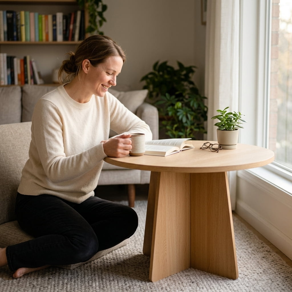 BEJOLO Round Coffee Table, Modern Table with Wood Grain Finish, End Table Side Tables for Living Room
