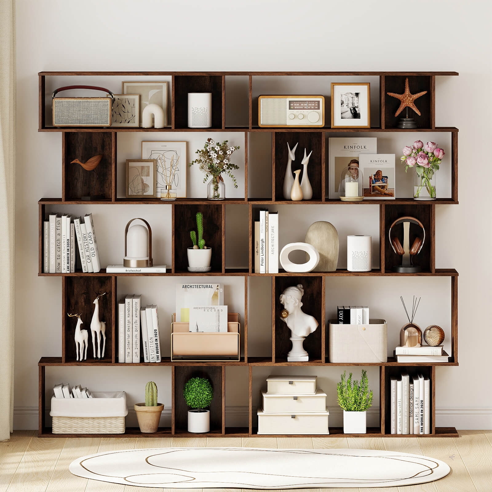 Costway 2 PCS 5-Tier Geometric Bookshelf with Open Shelves Closed-back Cubes for Living Room Rustic Brown