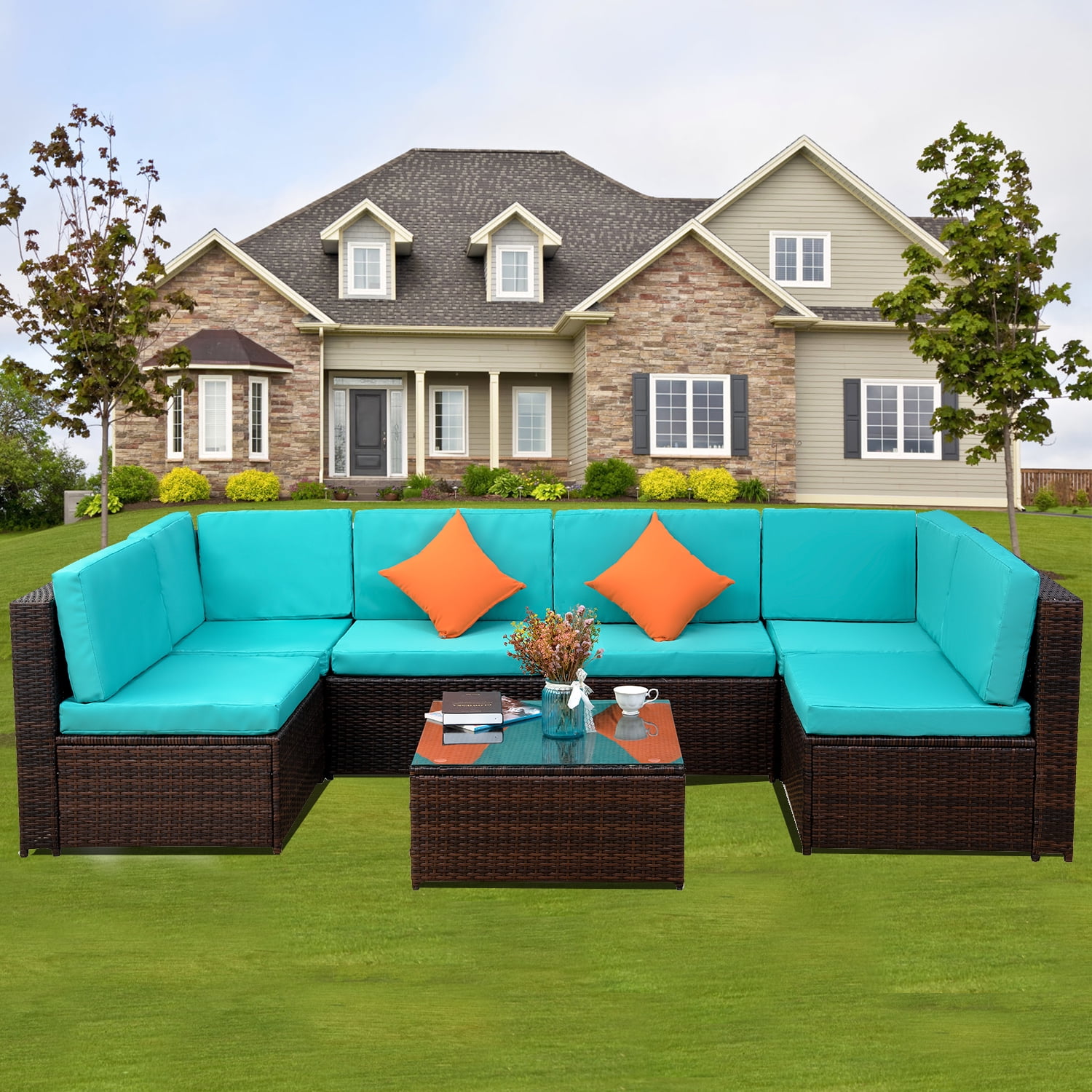Patio Conversation Sets, 7 Piece Outdoor Furniture Set with Coffee