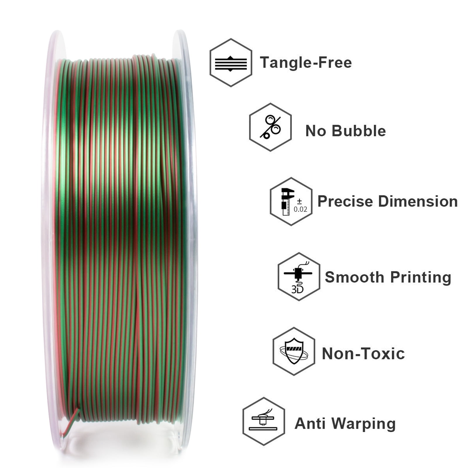 Geeetech Anti-silk type 3D Printer PLA Filament 1KG Toughness Enhanced Filament with 1.75mm Dimensional Accuracy +/-0.03mm, 1080 Feet per Roll, Vacuum Packaging Two-color green and red