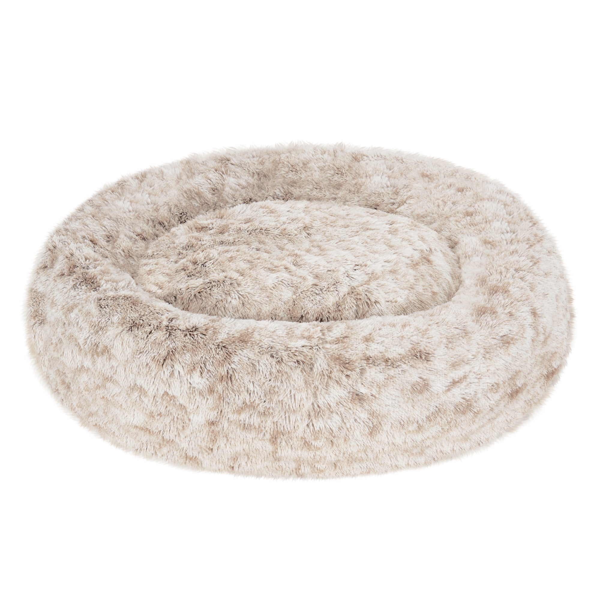 Furhaven 45" Round Calming Donut Dog Bed with Washable & Removable Cover & Bolster - Shaggy Plush Long Faux Fur Ball Bed - Driftwood, For Dogs Up to 90 lbs, Jumbo/XL