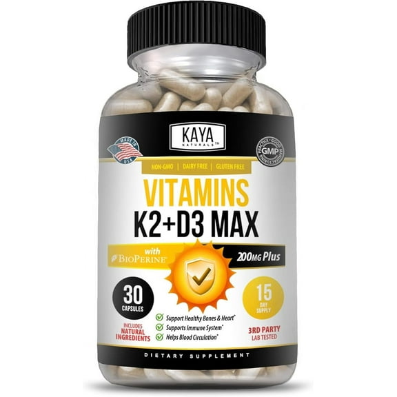 Kaya Naturals Vitamins K2 with D3 5000IU Supplement - Bone and Heart Health Supplement - Vitamin K2 MK-7 Easy to Swallow Supplement - K2 D3 Vitamin Supplement - Bioperine Capsules - 30 Veggie Count