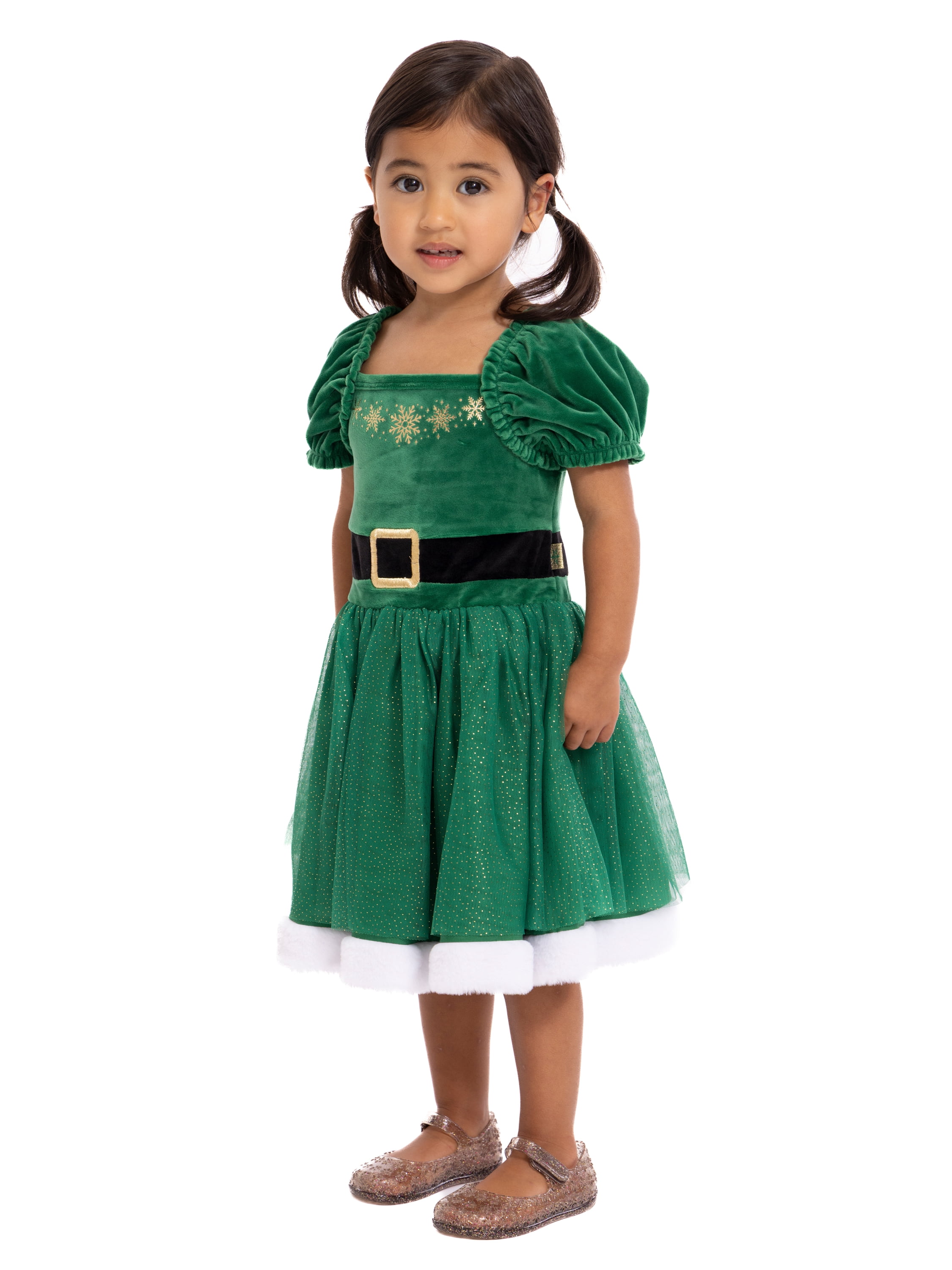 Holiday Time Toddler Girls Elf Velour Cosplay Dress with Puff Sleeves, Sizes 12M-5T