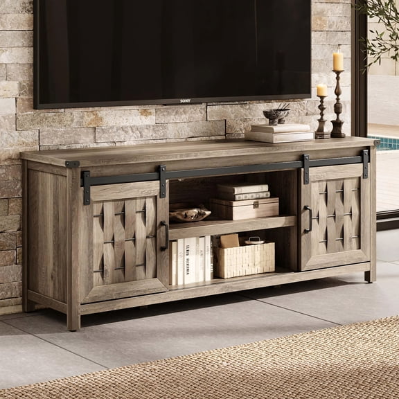 Farmhouse TV Stand for 70 Inch TVs with Sliding Barn Door and Adjustable Shelves Light Brown