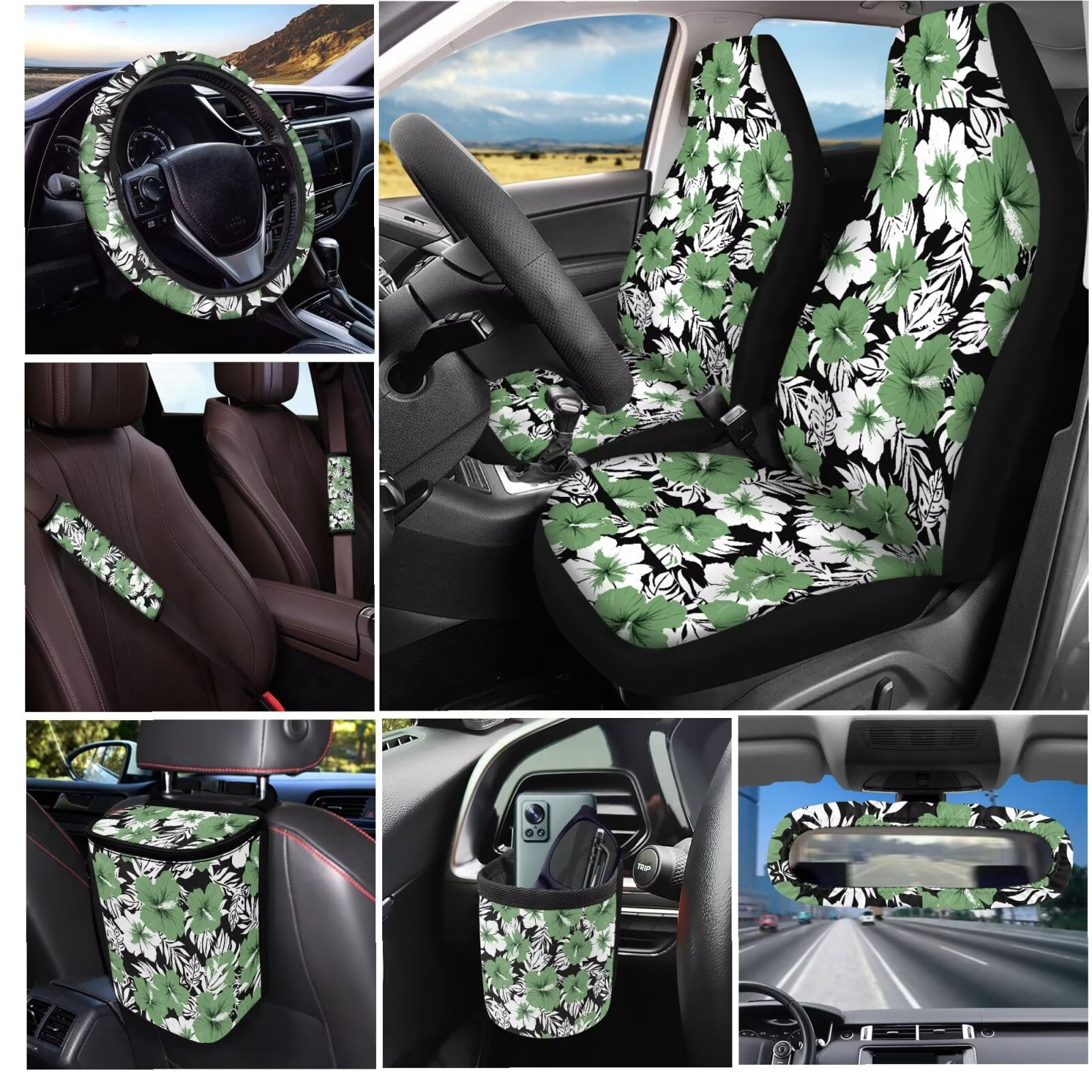 Garronmavis Aesthetic Tropical Flower 15 PCS Car Seat Cover Full Set 4 Pcs Car Seat Covers Steering Wheel Cover Keychain Car Trash Bag Car Pouch Organizer Rearview Mirror Cover Car Coasters