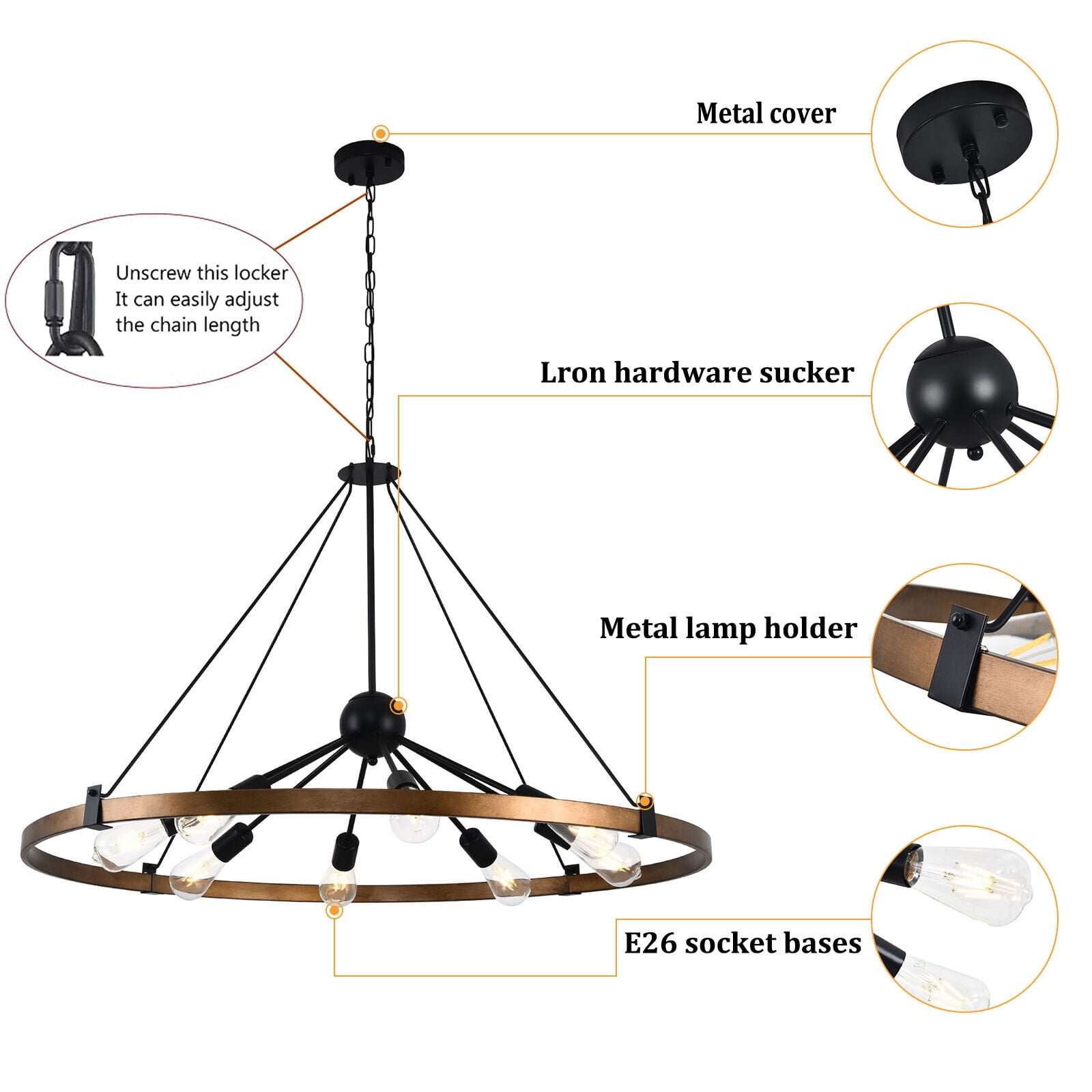 39.3" 8-Light Farmhouse Large Wagon Wheel Chandelier Modern Black Metal Industrial Round Hanging Pendant Light Fixture for Living Room Bedroom Entryway Dining Room