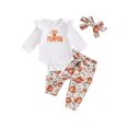 thumbnail image 1 of Ropa de Halloween para niñas recién nacidas con estampado de letras de calabaza, peleles de manga larga, camisetas, pantalones, conjunto de diadema, conjuntos de otoño, 1 of 7