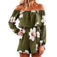 thumbnail image 2 of uvwlwu Women Floral Print Off Shoulder Romper Ruffle Layer Long Sleeve Elastic High Waist Short Jumpsuit Stylish Casual Everyday Summer Vacation Outfit,5XL, 2 of 4