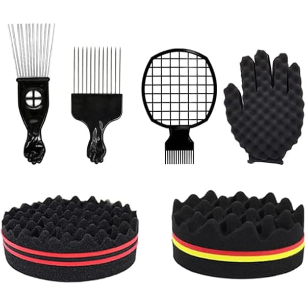 wonima44 Hair Sponge Set, Magic Curl Glove, Afro Brush, Metal Pick Comb, and Twist Comb for Hairstyling (Black-6Pcs)