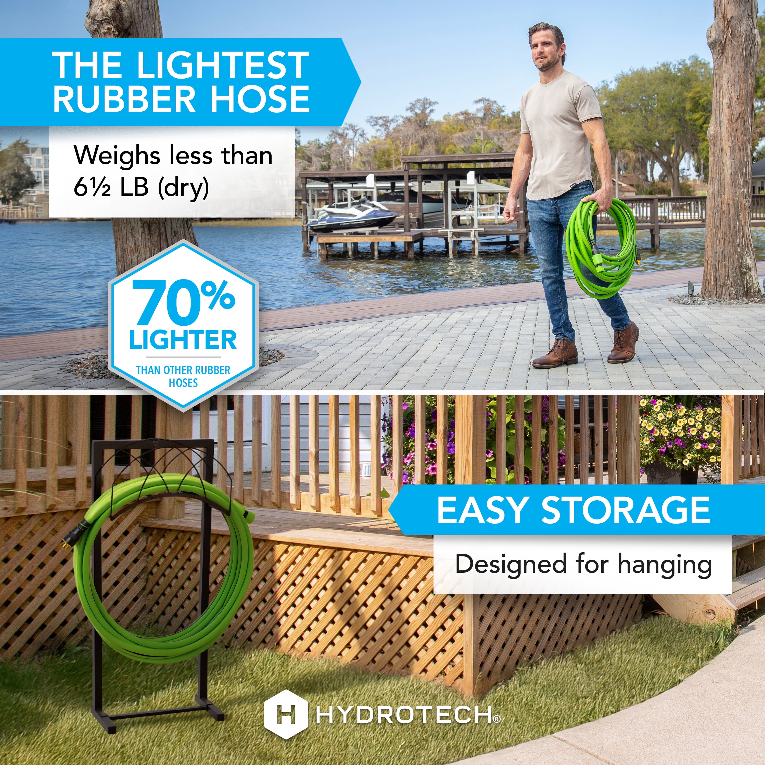 HydroTech Super-Lite 50 ft Garden Hose Hybrid Polymer Rubber 5/8"  – Ultra Lightweight Kink-Resistant Water Hose, Drinking Water Safe, Durable Polymer Construction with Force Control Technology