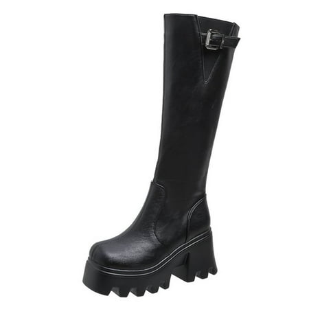 

Black Boots for Women Ladies Fashion Solid Color Leather Belt Buckle Side Zipper Chunky Heel Platform Long Boots Keen-High Boots for Women PU Black