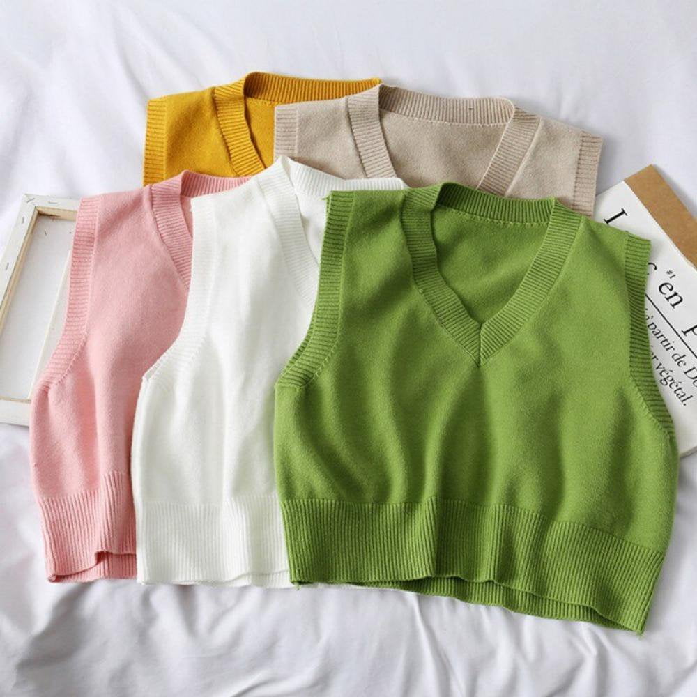 Autumn Sleeveless Sweater Women Sweet Solid Color V Neck Knitted