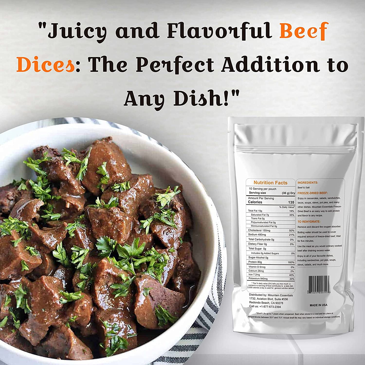 Mountain Essentials Freeze Dried Beef Dices Protein Packed Meal (300g Pouch)| Emergency Long Term Supply | Hiking, Backpacking & Camping | Easy Prep Survival Food ✅