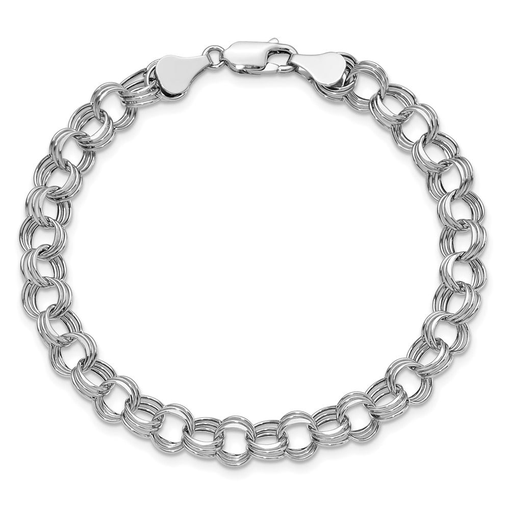 Diamond2Deal 14k White Gold Lite 7mm Triple Link Chain Charm Bracelet for Men 8.25"