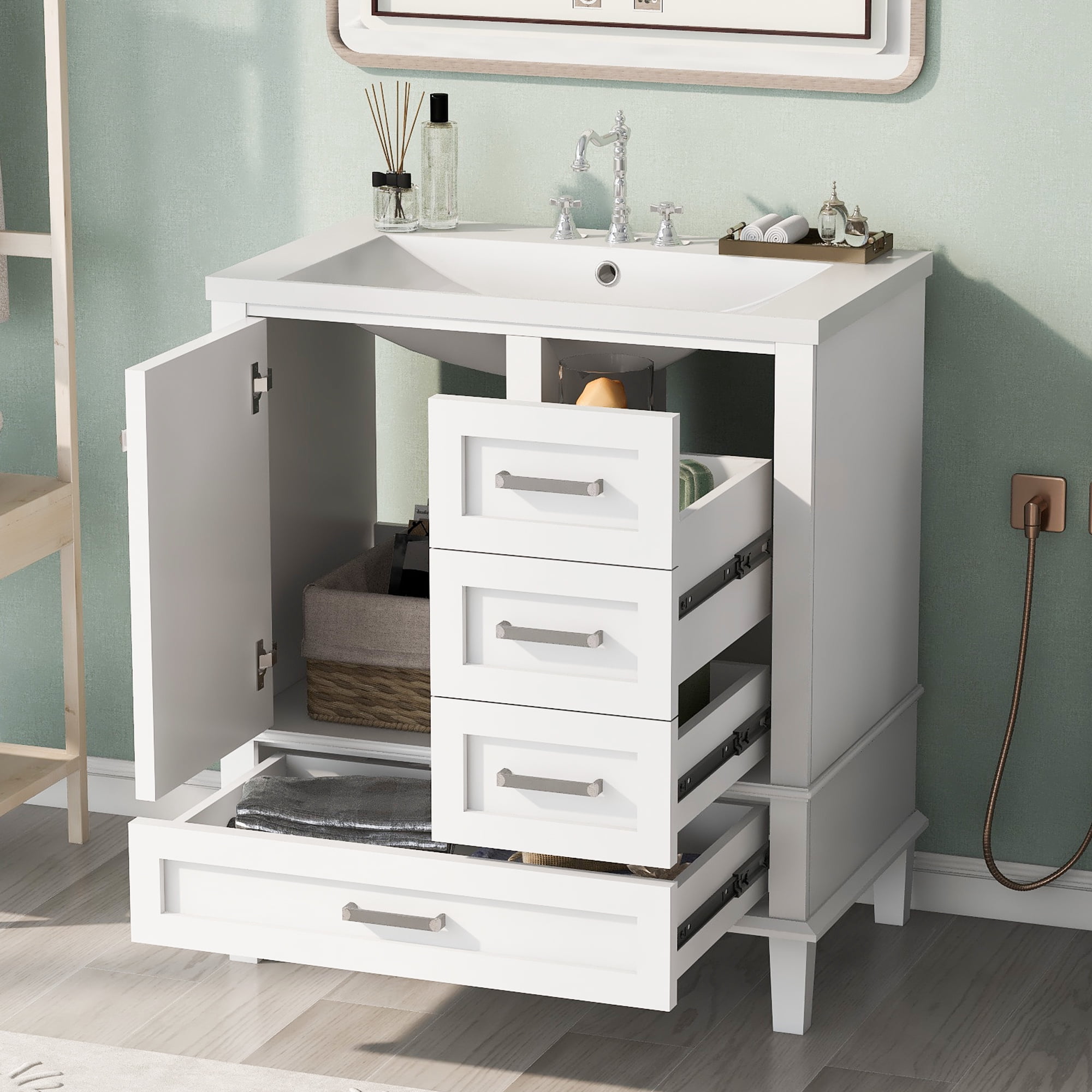Royard Oaktree 30" Bathroom Vanity w/Resin Sink, Modern Bathroom Cabinet w/Soft Closing Door & 3 Drawers