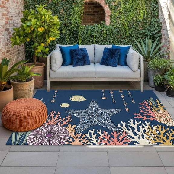 Boho Floral Starfish Indoor Outdoor Rugs 5x8 Ft, Coastal Coral Seaweed Fish Navy Blue Outdoor Patio Rugs Mat Washable Outside Area Rugs Carpet for Porch Deck RV Camping Pool Balcony Backyard