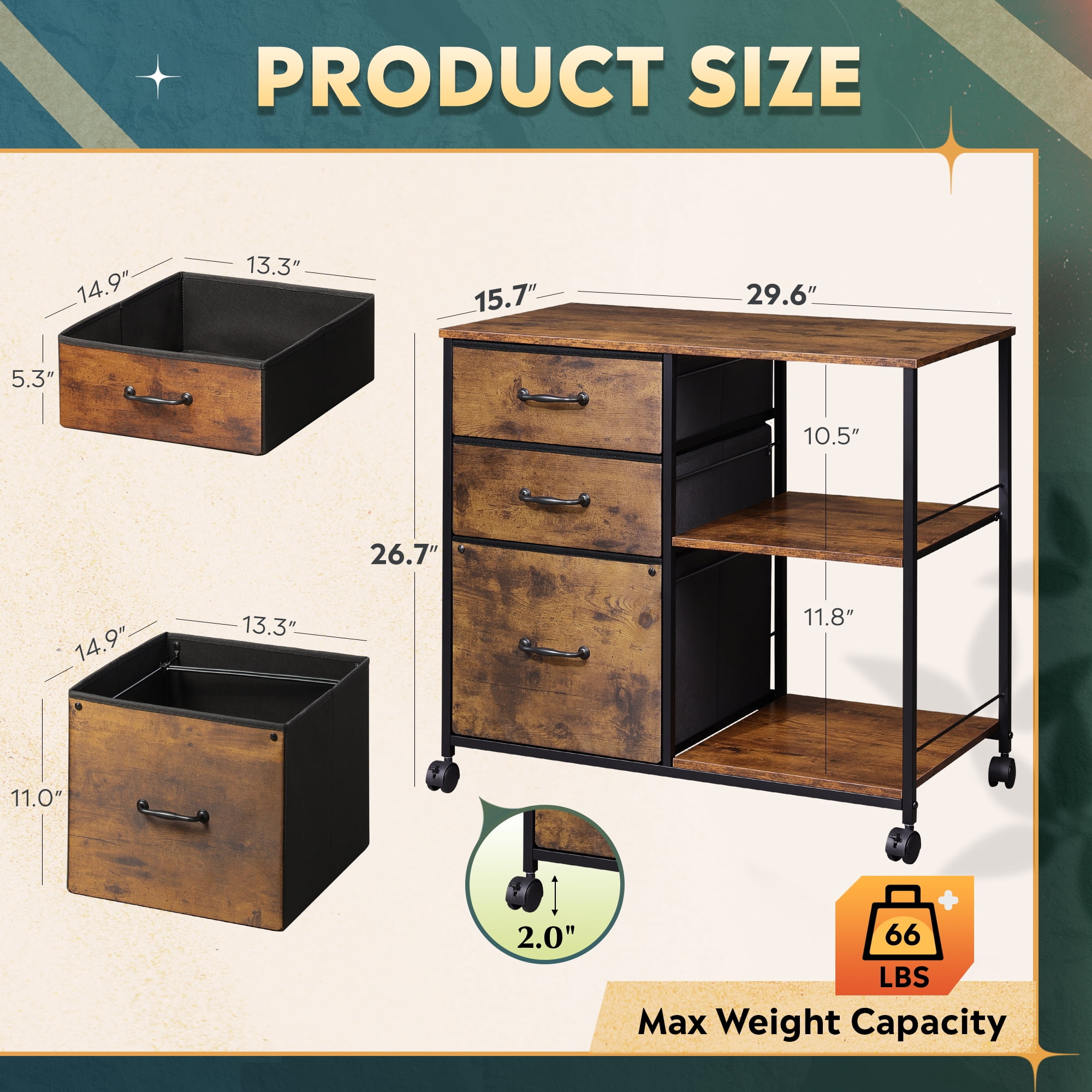 GALAXHERO 3 Drawer File Cabinet, Rolling Printer Stand with Storage, Lateral Fabric Filing Cabinet for Home Office, Rustic Brown Wood Grain, Fits Letter/A4