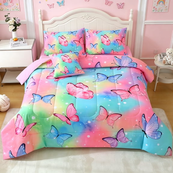 OKKEEY Kids Twin Size Comforter Sets, 6 Pcs Bedding Set for Girls & Women, Rainbow Butterfly Floral Microfiber Bed in a Bag with Pillowcase & Sheet, Bedroom Decor Gift for Teens