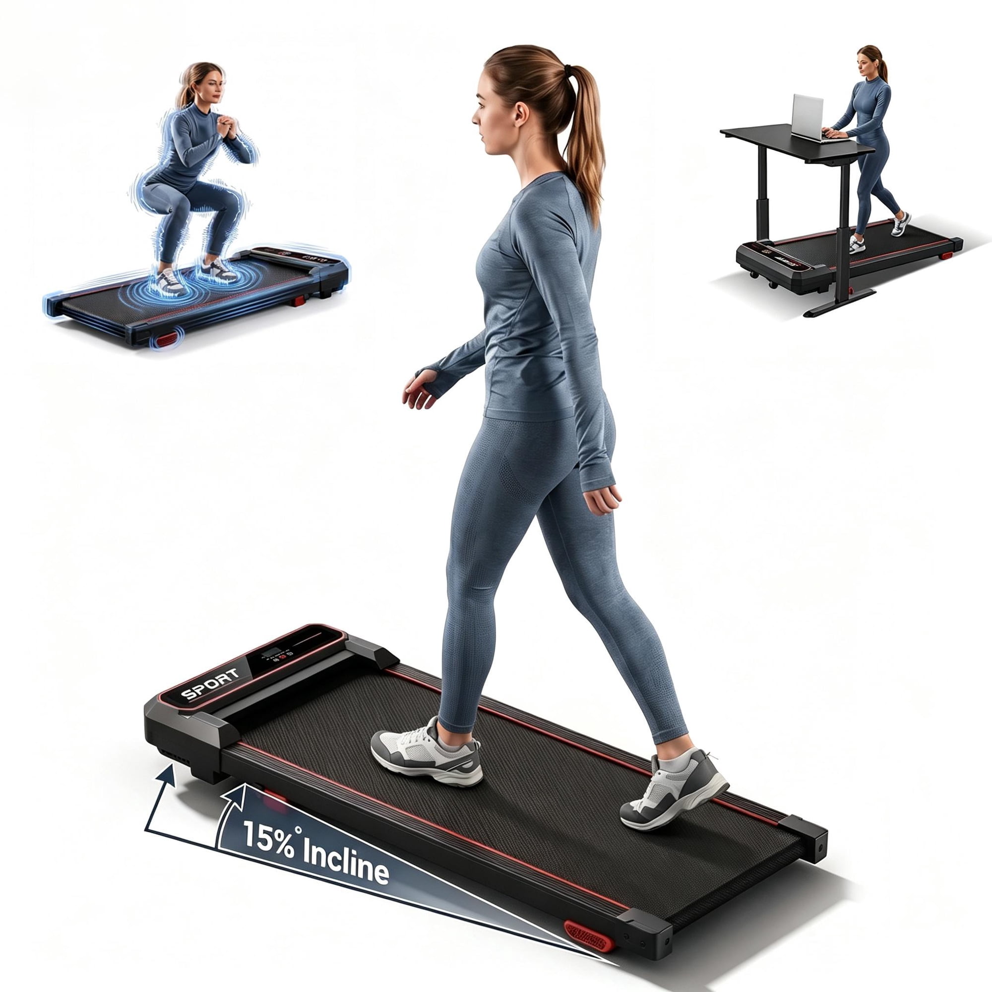 CURSOR FITNESS 3-in-1 Walking Pad with Vibration Plate & 15% Incline, 3.0HP Under Desk Treadmill , 300LBS Capacity, Remote Control & LED Display