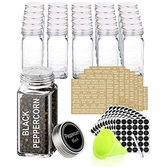 SWOMMOLY 25 Glass Spice Jars with 713 Spice Labels, Chalk Marker and Funnel Complete Set. 25 Square Glass Jars 4OZ, Airtight Cap, Pour/sift Shaker Lid
