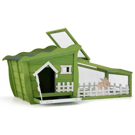 Costway 62'' Wooden Rabbit Hutch Indoor Outdoor Rabbit Cage Bunny House w/ Pull Out Tray Green