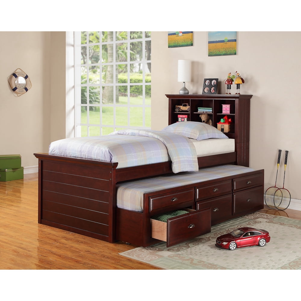 Commodious Twin Size Bed With Trundle And Drawers, Cherry Brown
