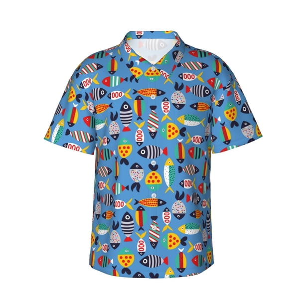 Fotbe Cute Flat Fish Camisa Hawaiana para Hombre Unisex – Camisa Casual de Verano con Botones de Manga Corta de Algodón y Lino,3X-Large