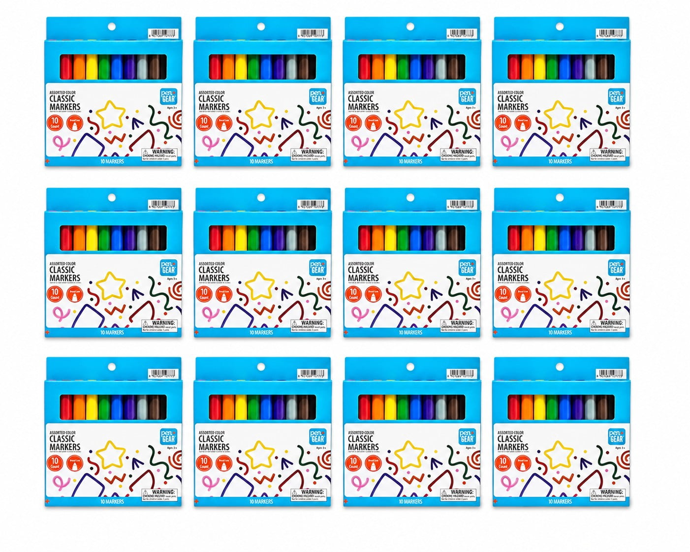 Pen+Gear 12 Set Bulk Pack, Classic Markers, Broad Tip, Assorted Colors, 10 Count, 12 Sets of Classic Markers in one Box.