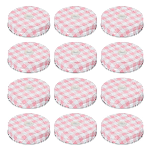 12pcs Mason Jar Lids 2.76" Tinplate Canning Covers with Straw Hole, Pink Gingham