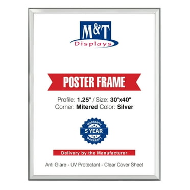 M&T Displays Snap Poster Frame 30x40 Inch Silver 1.25" Aluminum Profile Front Loading Wall Mounting Picture Photo Document Certificate Sign Holder Mitered Corner Anti Glare Cover